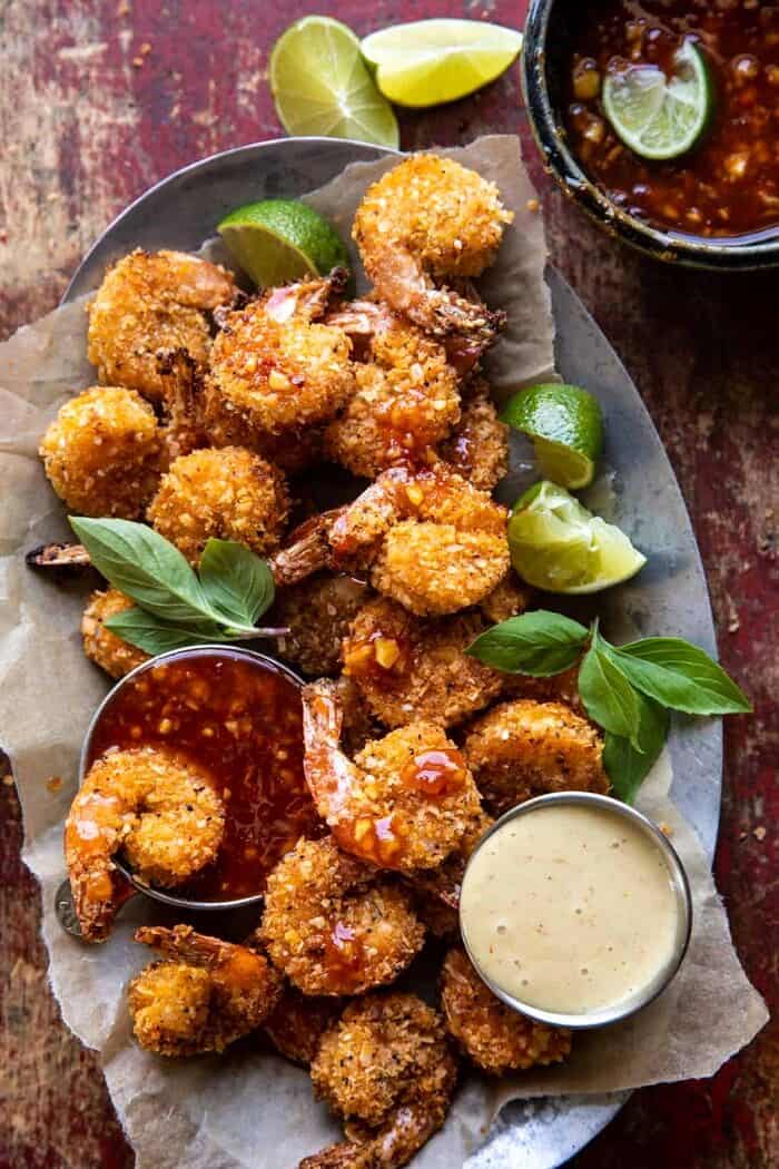 Oven Fried Coconut Shrimp with Thai Pineapple Chili Sauce | halfbakedhavest.com overhead photo of Oven Fried Coconut Shrimp with Thai Pineapple Chili Sauce