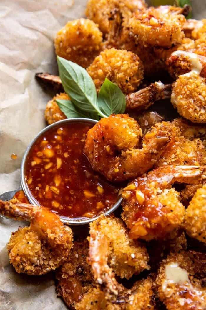Oven Fried Coconut Shrimp with Thai Pineapple Chili Sauce | halfbakedhavest.com close up photo of Oven Fried Coconut Shrimp with Thai Pineapple Chili Sauce