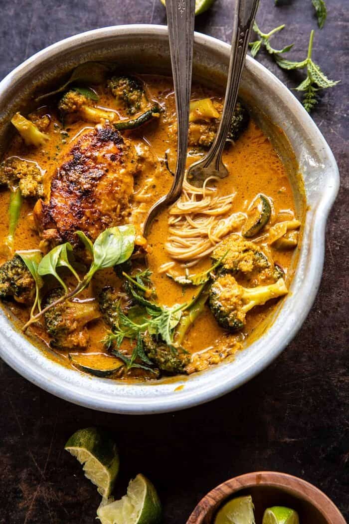 Saucy Coconut Braised Chicken with Rice Noodles and Broccoli | halfbakedharvest.com overhead photo of Saucy Coconut Braised Chicken with Rice Noodles and Broccoli