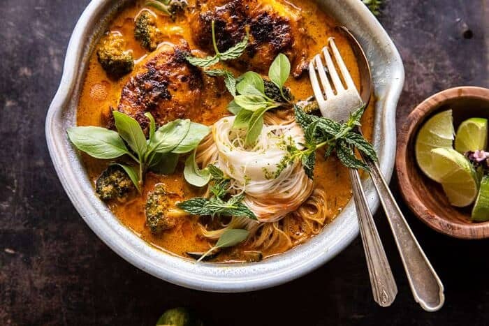 Saucy Coconut Braised Chicken with Rice Noodles and Broccoli | halfbakedharvest.com overhead horizontal photo of Saucy Coconut Braised Chicken with Rice Noodles and Broccoli