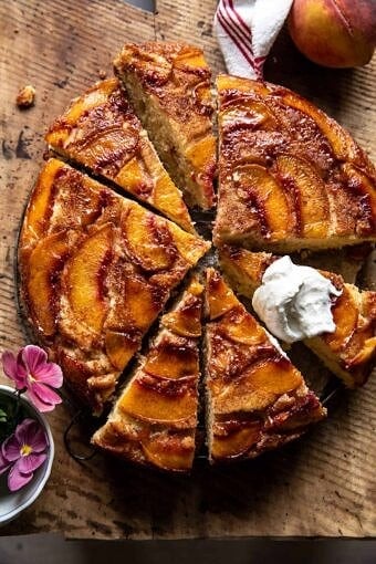 Skillet Cinnamon Sugar Peach Upside Down Cake | halfbakedharvest.com