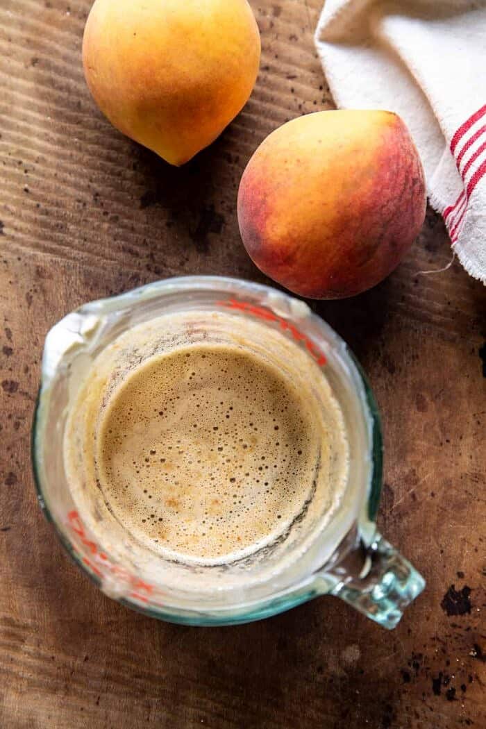 Skillet Cinnamon Sugar Peach Upside Down Cake | halfbakedharvest.com prep photo of browned butter