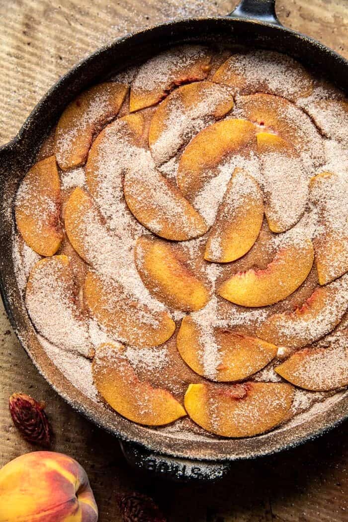 Skillet Cinnamon Sugar Peach Upside Down Cake | halfbakedharvest.com Skillet Cinnamon Sugar Peach Upside Down Cake before baking