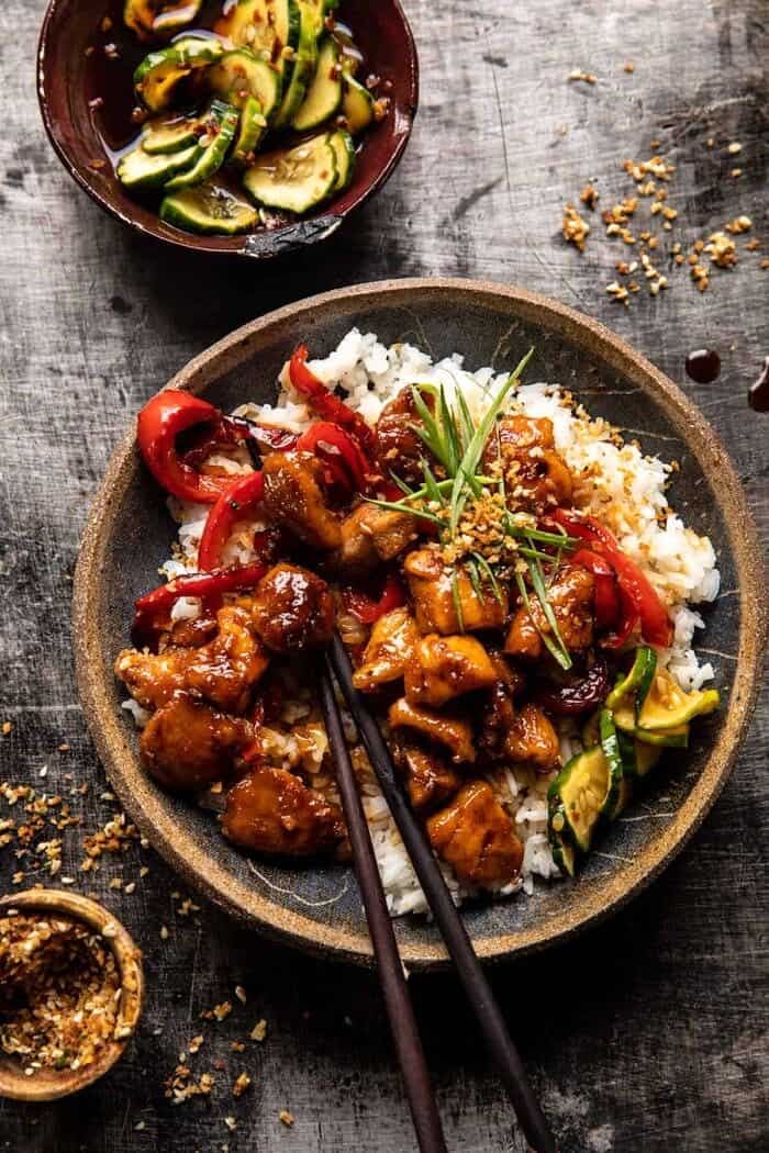 Weeknight Sesame Teriyaki Chicken with Ginger Rice | halfbakedharvest.com overhead photo of Weeknight Sesame Teriyaki Chicken with Ginger Rice with chopsticks in bowl