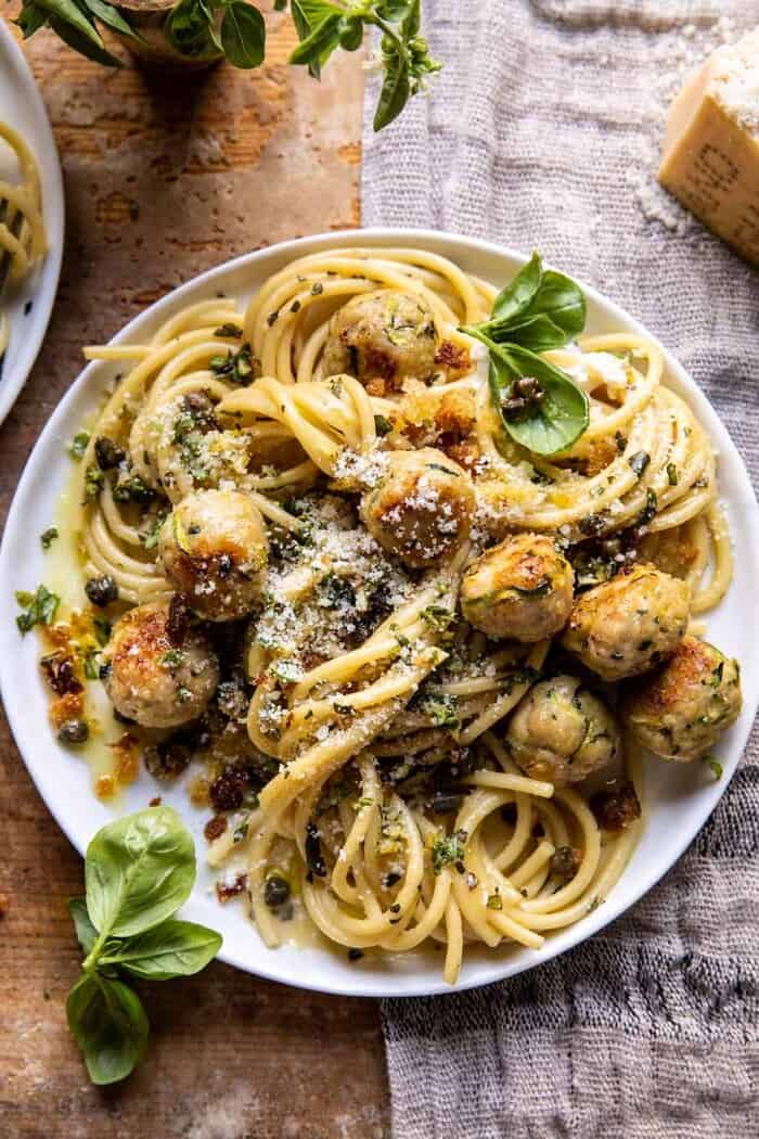 overhead close up photo of Zucchini Parmesan Chicken Meatballs with Lemon Pasta Carbonara