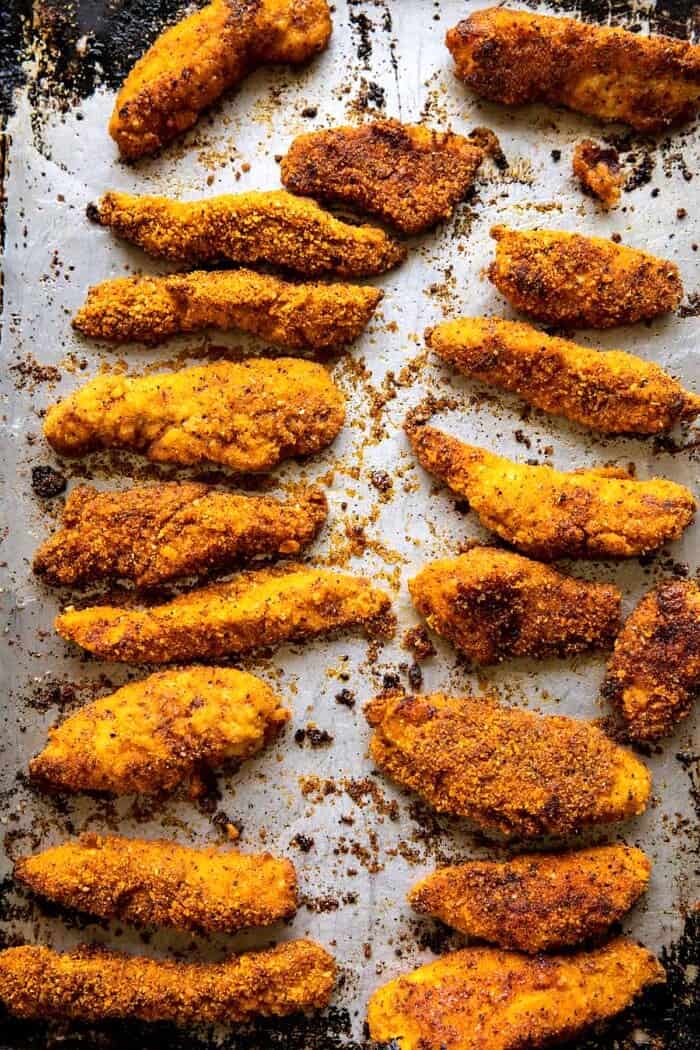 Black Pepper Rub Chicken Fingers on baking sheet after baking