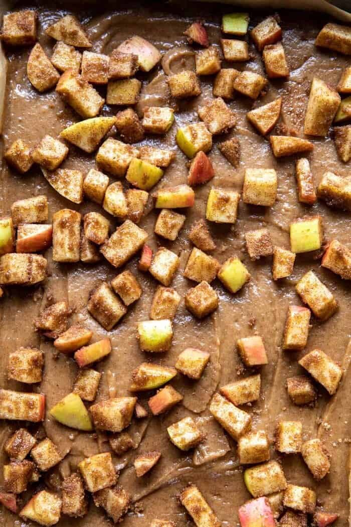 Brown Butter Apple Blondies with Cinnamon Maple Glaze | halfbakedharvest.com overhead prep photo of Brown Butter Apple Blondies before baking