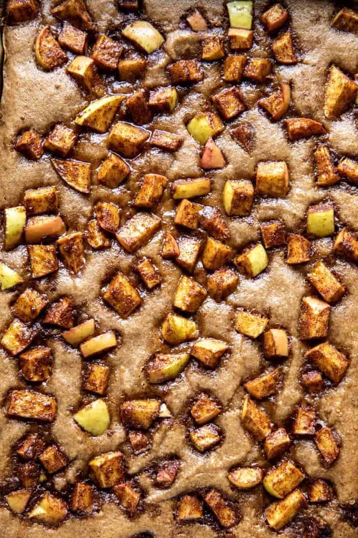 Brown Butter Apple Blondies with Cinnamon Maple Glaze | halfbakedharvest.com overhead close up prep photo of Brown Butter Apple Blondies after baking
