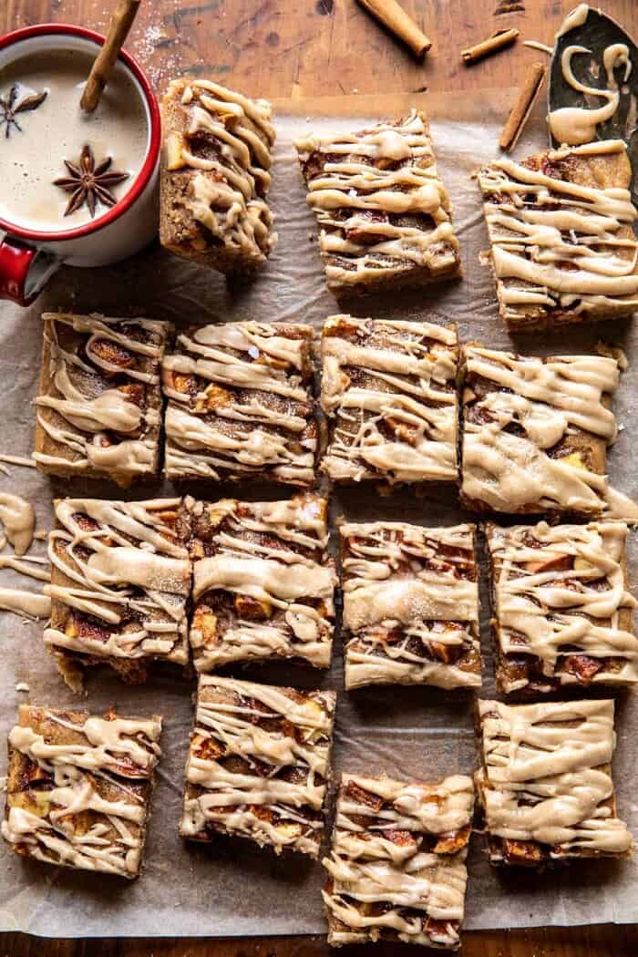 Brown Butter Apple Blondies with Cinnamon Maple Glaze | halfbakedharvest.com overhead photo of Brown Butter Apple Blondies with Cinnamon Maple Glaze