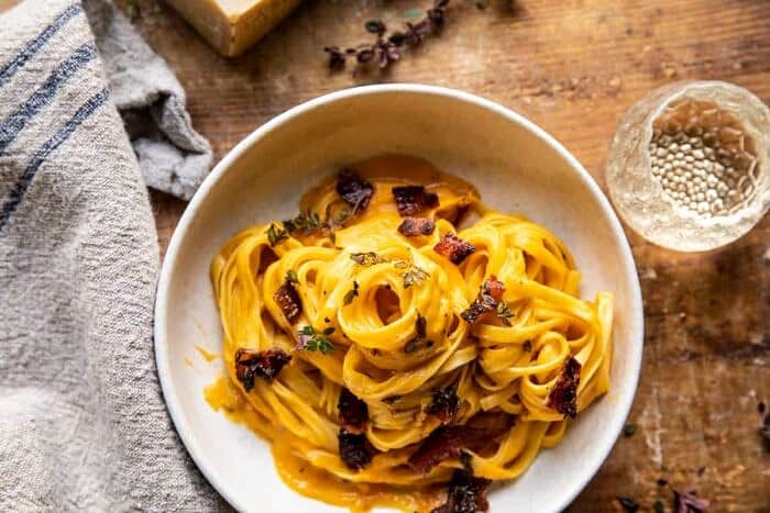 Butternut Squash Pasta Carbonara with Rosemary Bacon | halfbakedharvest.com overhead horizontal photo of Butternut Squash Pasta Carbonara with Rosemary Bacon