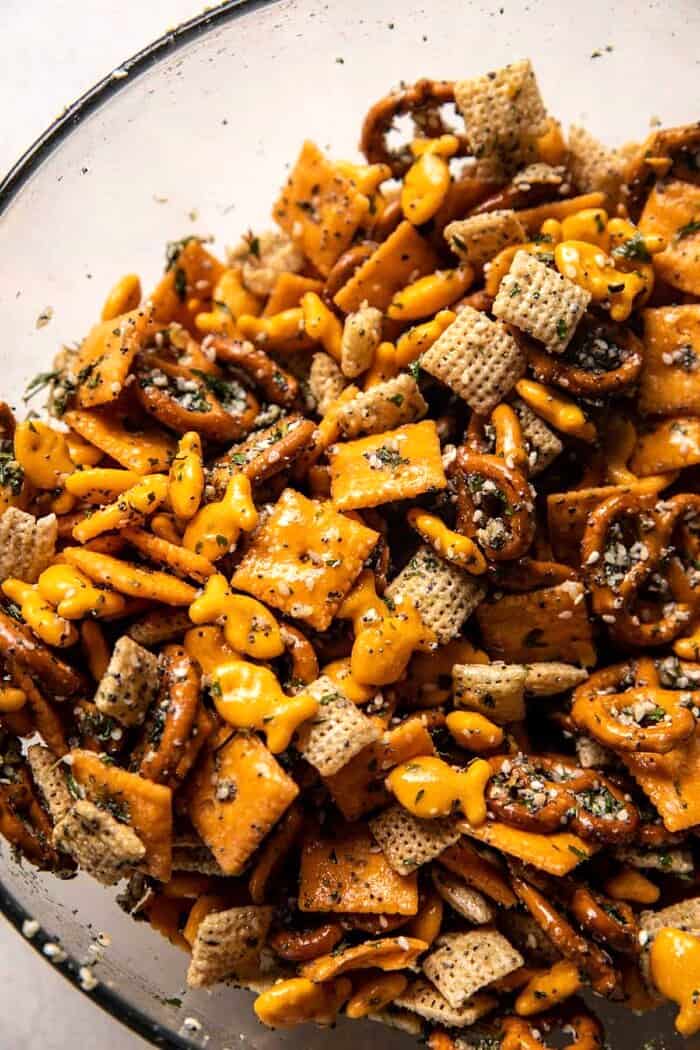 Everything Ranch Cheese and Pretzel Snack Mix | halfbakedharvest.com prep photo of snack mix before baking