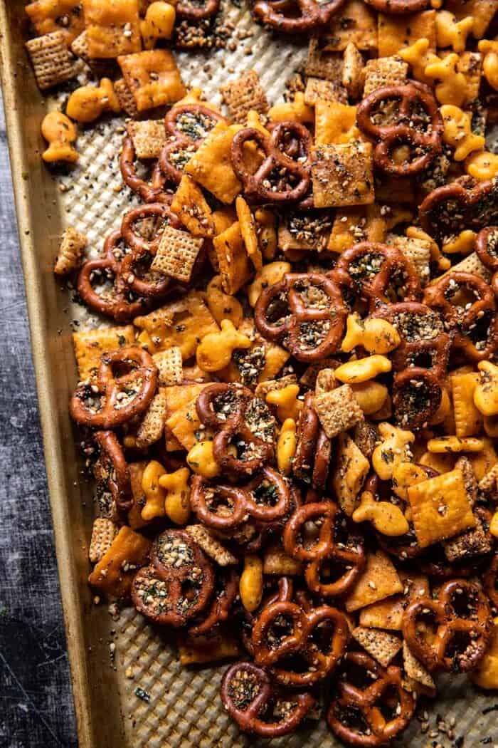 Everything Ranch Cheese and Pretzel Snack Mix | halfbakedharvest.com Everything Ranch Cheese and Pretzel Snack Mix after baking on baking sheet