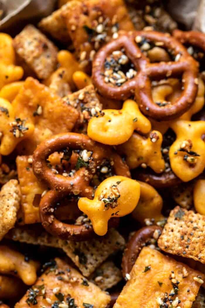 Everything Ranch Cheese and Pretzel Snack Mix | halfbakedharvest.com overhead close up photo of Everything Ranch Cheese and Pretzel Snack Mix