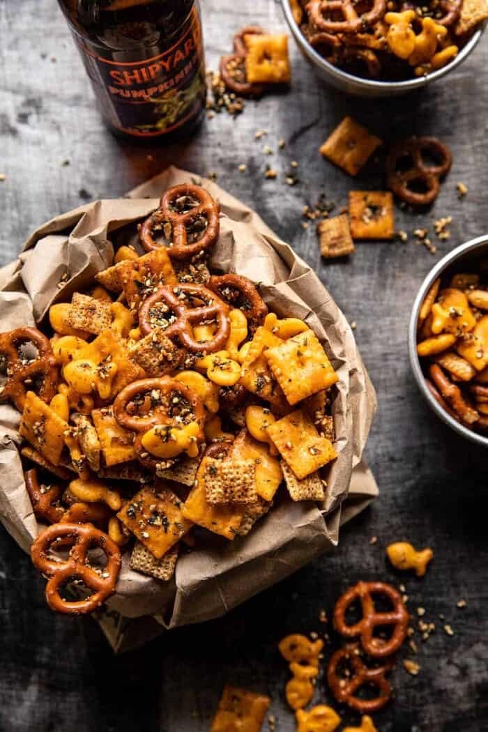 Everything Ranch Cheese and Pretzel Snack Mix | halfbakedharvest.com overhead photo of Everything Ranch Cheese and Pretzel Snack Mix