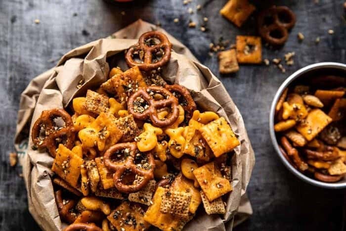 Everything Ranch Cheese and Pretzel Snack Mix | halfbakedharvest.com overhead horizontal photo of Everything Ranch Cheese and Pretzel Snack Mix