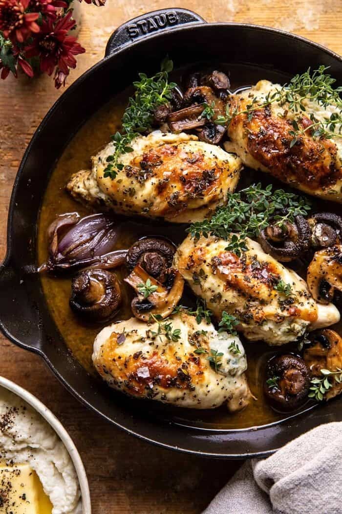 overhead photo of Herbed Ricotta Stuffed Chicken In White Wine Pan Sauce 