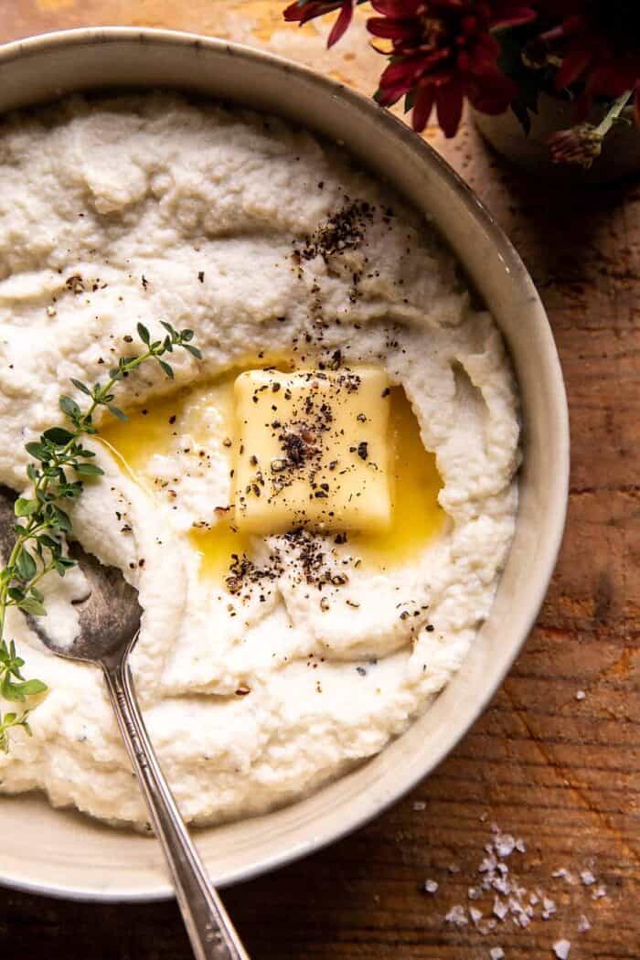 overhead prep photo of creamy cauliflower mash