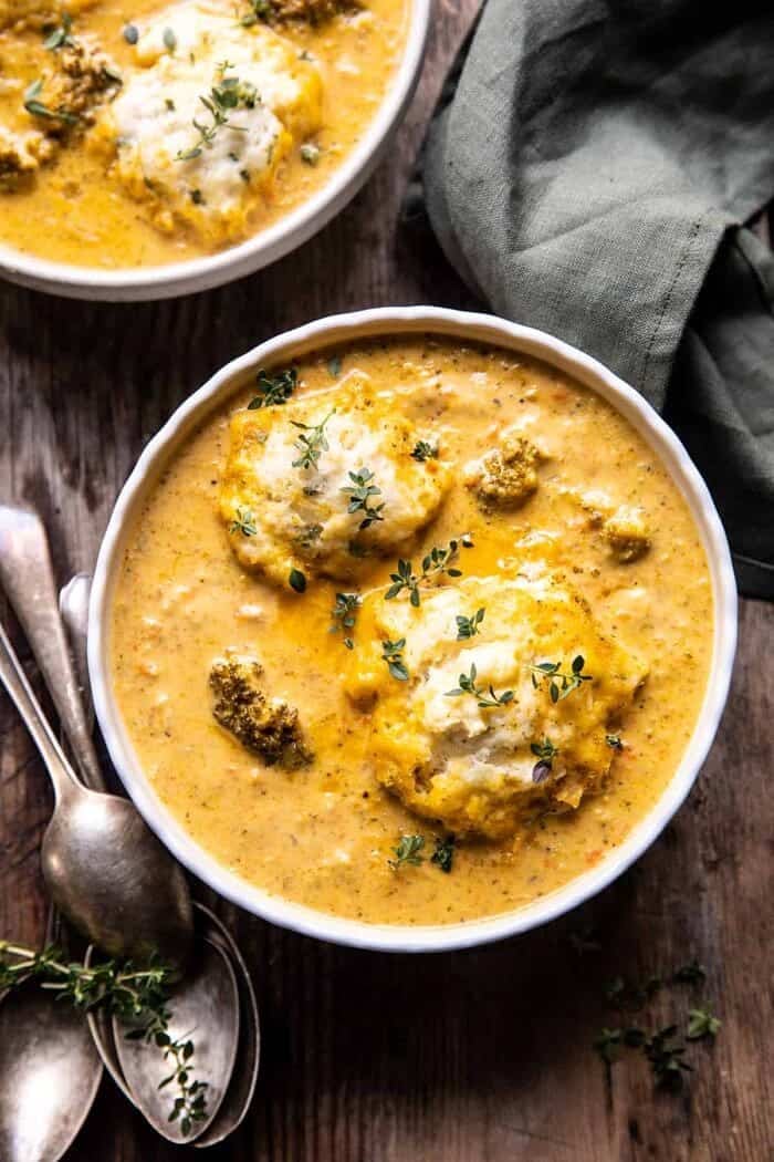One Pot Broccoli Cheddar and Dumplings | halfbakedharvest.com overhead photo of One Pot Broccoli Cheddar and Dumplings