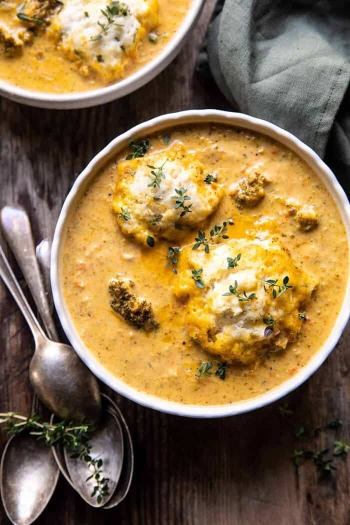 One Pot Broccoli Cheddar and Dumplings | halfbakedharvest.com overhead photo of One Pot Broccoli Cheddar and Dumplings