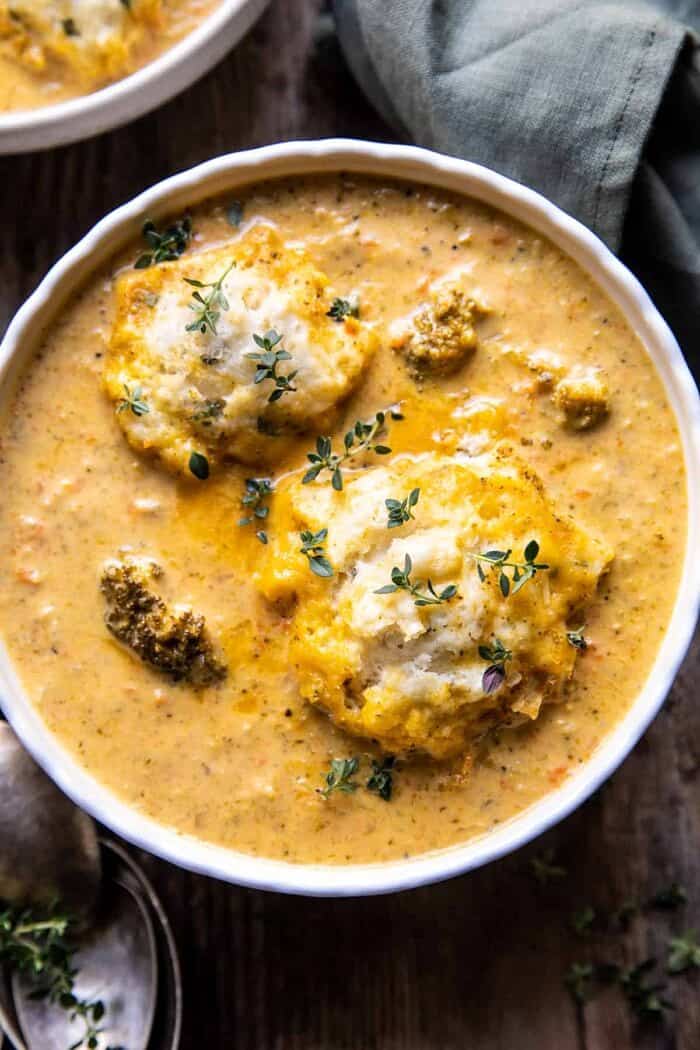 One Pot Broccoli Cheddar and Dumplings | halfbakedharvest.com overhead close up photo of One Pot Broccoli Cheddar and Dumplings