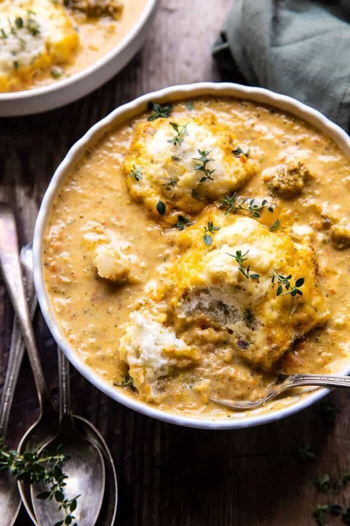 One Pot Broccoli Cheddar and Dumplings | halfbakedharvest.com side angled photo of One Pot Broccoli Cheddar and Dumplings