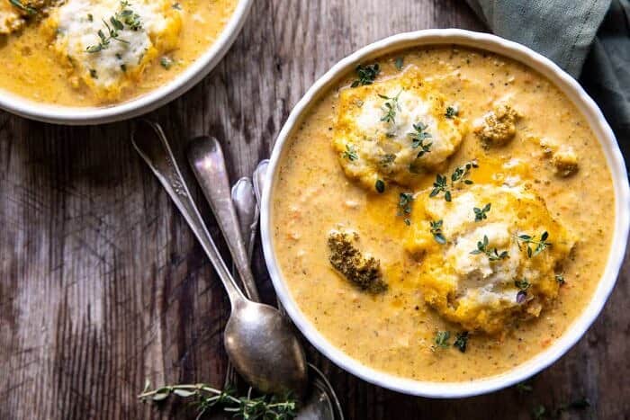 One Pot Broccoli Cheddar and Dumplings | halfbakedharvest.com overhead horizontal photo of One Pot Broccoli Cheddar and Dumplings