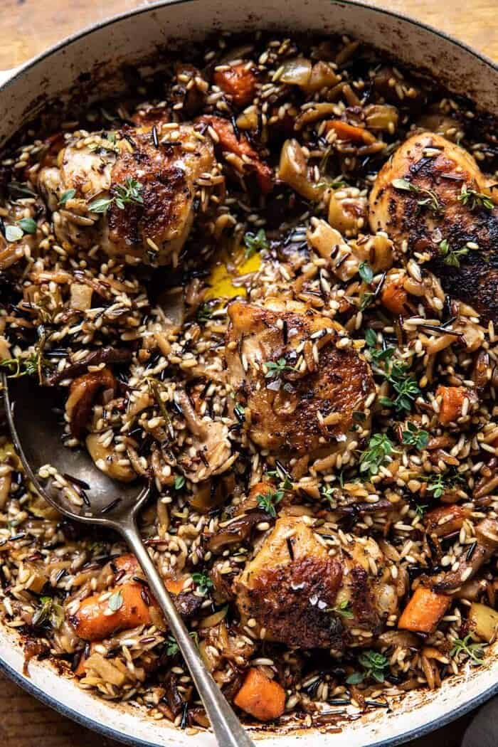 One Pot Lemon Rosemary Dijon Chicken and Butter Toasted Rice Pilaf | halfbakedharvest.com overhead close up photo of One Pot Lemon Rosemary Dijon Chicken and Butter Toasted Rice Pilaf