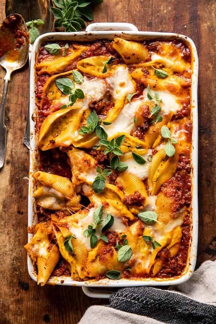 Pumpkin Cheese Stuffed Pasta Bolognese Bake | halfbakedharvest.com overhead photo of Pumpkin Cheese Stuffed Pasta Bolognese Bake