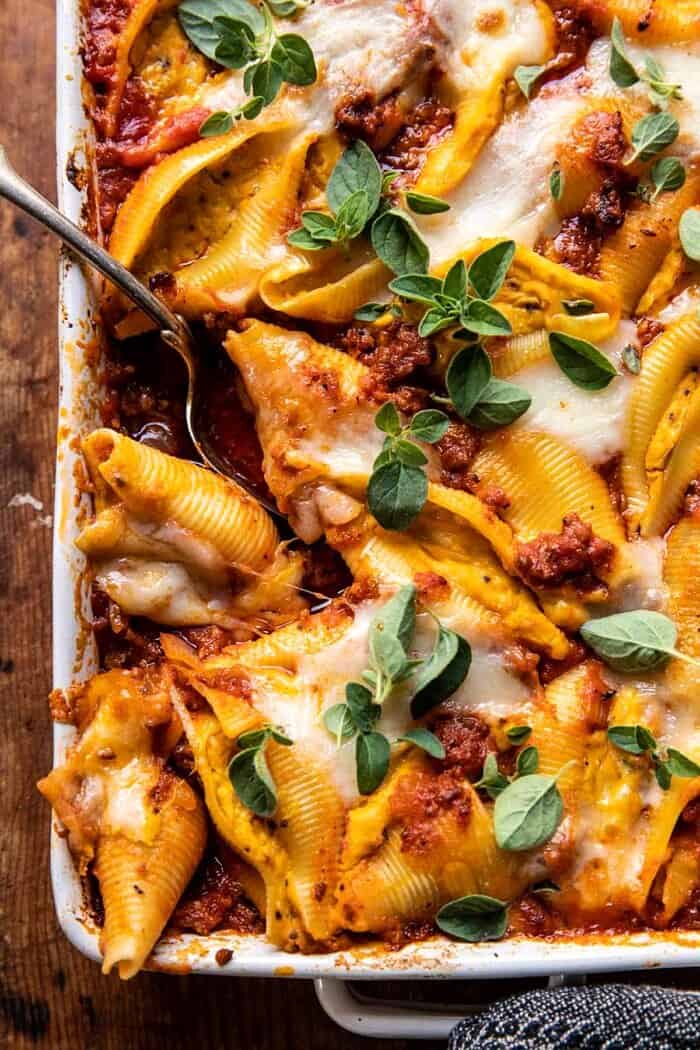 Pumpkin Cheese Stuffed Pasta Bolognese Bake | halfbakedharvest.com overhead close up photo of Pumpkin Cheese Stuffed Pasta Bolognese Bake
