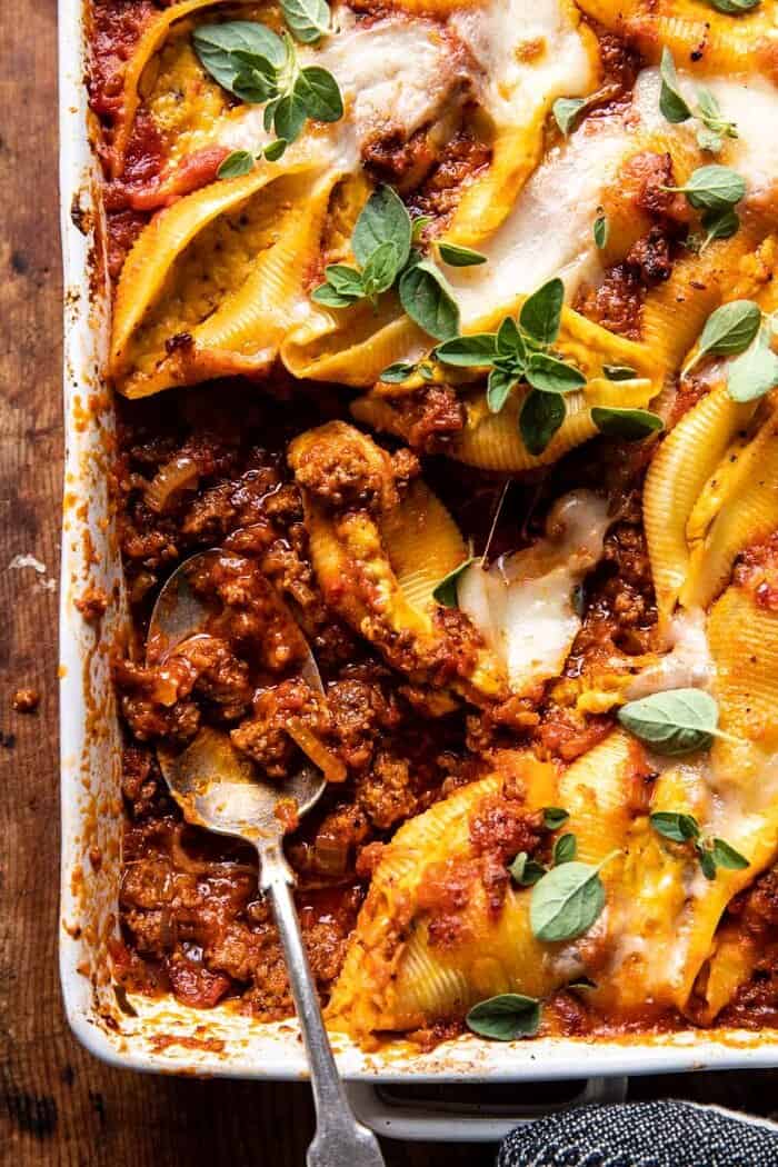 Pumpkin Cheese Stuffed Pasta Bolognese Bake | halfbakedharvest.com overhead close up photo of Pumpkin Cheese Stuffed Pasta Bolognese Bake
