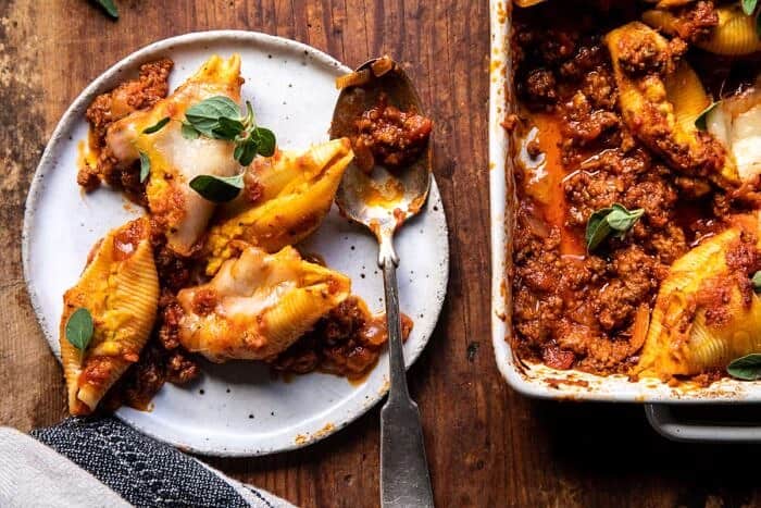 Pumpkin Cheese Stuffed Pasta Bolognese Bake | halfbakedharvest.com overhead horizontal photo of Pumpkin Cheese Stuffed Pasta Bolognese Bake