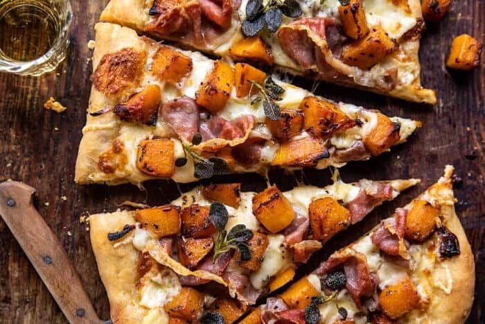 Roasted Butternut Squash Prosciutto Pizza with Caramelized Onions | halfbakedharvest.com overhead close up photo of Roasted Butternut Squash Prosciutto Pizza with Caramelized Onions