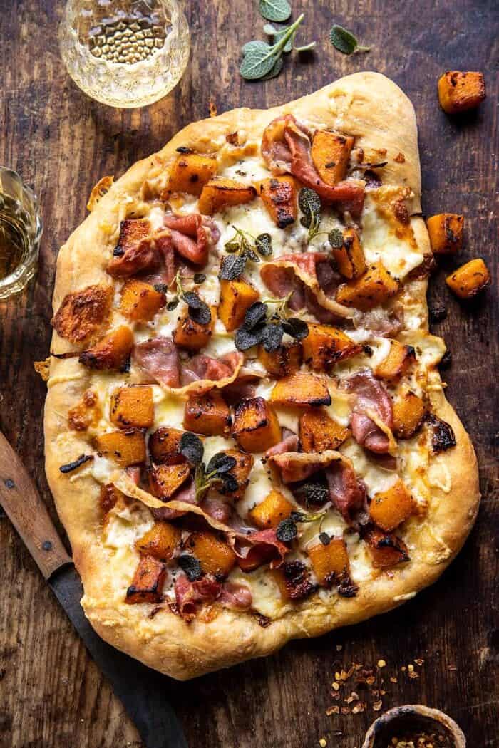 Roasted Butternut Squash Prosciutto Pizza with Caramelized Onions | halfbakedharvest.com overhead photo of Roasted Butternut Squash Prosciutto Pizza with Caramelized Onions