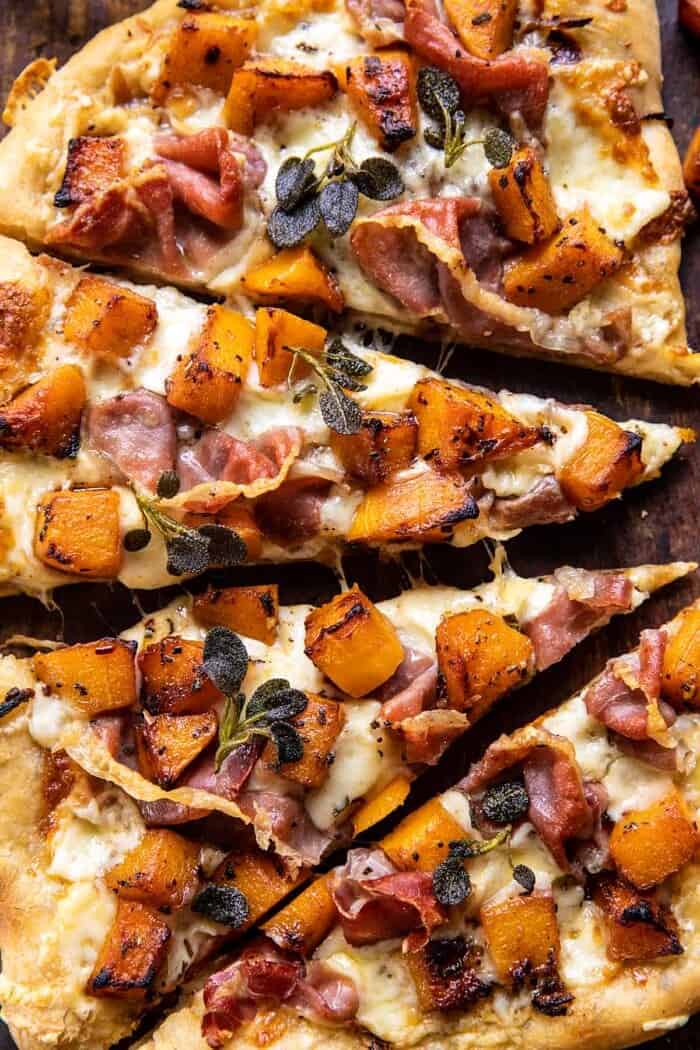Roasted Butternut Squash Prosciutto Pizza with Caramelized Onions | halfbakedharvest.com overhead close up photo of Roasted Butternut Squash Prosciutto Pizza with Caramelized Onions