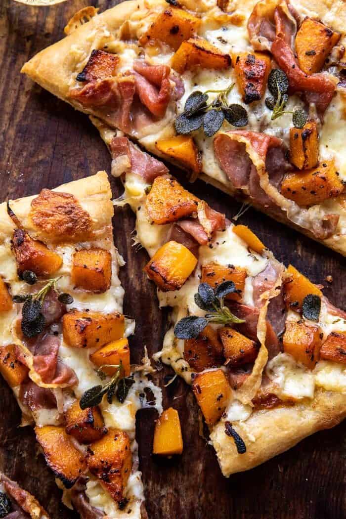 Roasted Butternut Squash Prosciutto Pizza with Caramelized Onions | halfbakedharvest.com overhead close up photo of Roasted Butternut Squash Prosciutto Pizza with Caramelized Onions