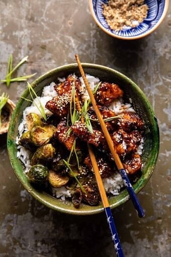Sheet Pan Sticky Ginger Sesame Chicken and Crispy Brussels Sprouts | halfbakedharvest.com