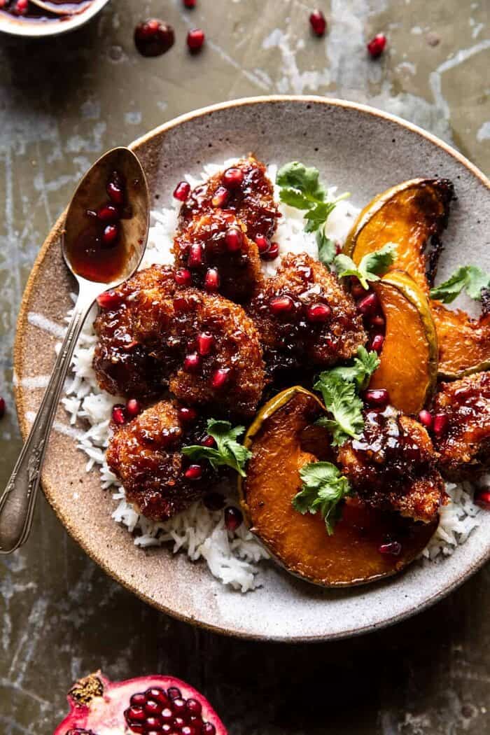 Sheet Pan Sticky Thai Pomegranate Chicken and Honey Roasted Squash | halfbakedharvest.com overhead photo of Sheet Pan Sticky Thai Pomegranate Chicken and Honey Roasted Squash