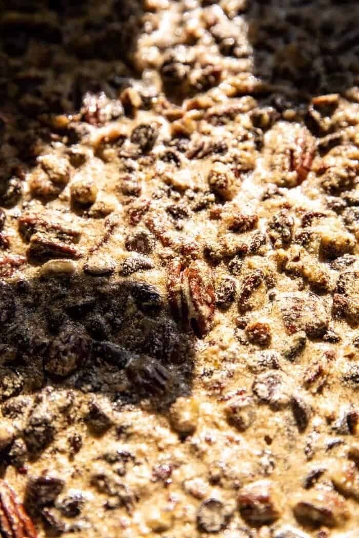 Brown Sugar Maple Chocolate Pecan Pie Bars | halfbakedharvest.com prep photo of Brown Sugar Maple Chocolate Pecan Pie Bars before baking