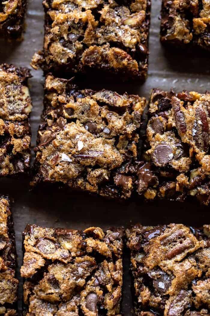 Brown Sugar Maple Chocolate Pecan Pie Bars | halfbakedharvest.com overhead close up photo of Brown Sugar Maple Chocolate Pecan Pie Bars