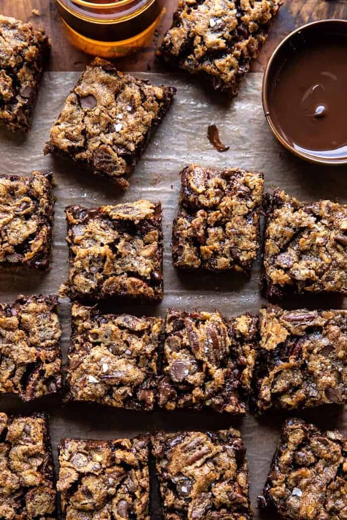 Brown Sugar Maple Chocolate Pecan Pie Bars | halfbakedharvest.com overhead photo of Brown Sugar Maple Chocolate Pecan Pie Bars