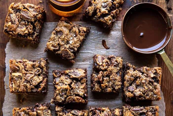 Brown Sugar Maple Chocolate Pecan Pie Bars | halfbakedharvest.com overhead horizontal photo of Brown Sugar Maple Chocolate Pecan Pie Bars