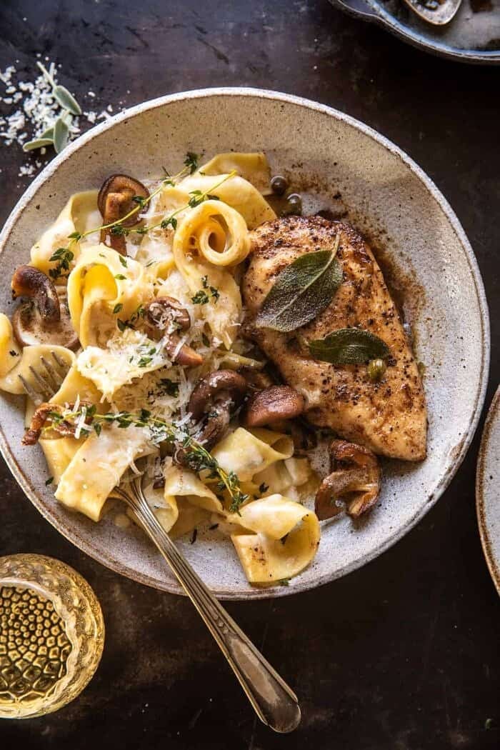overhead photo of Browned Sage Butter Chicken Piccata with Mushroom Pasta