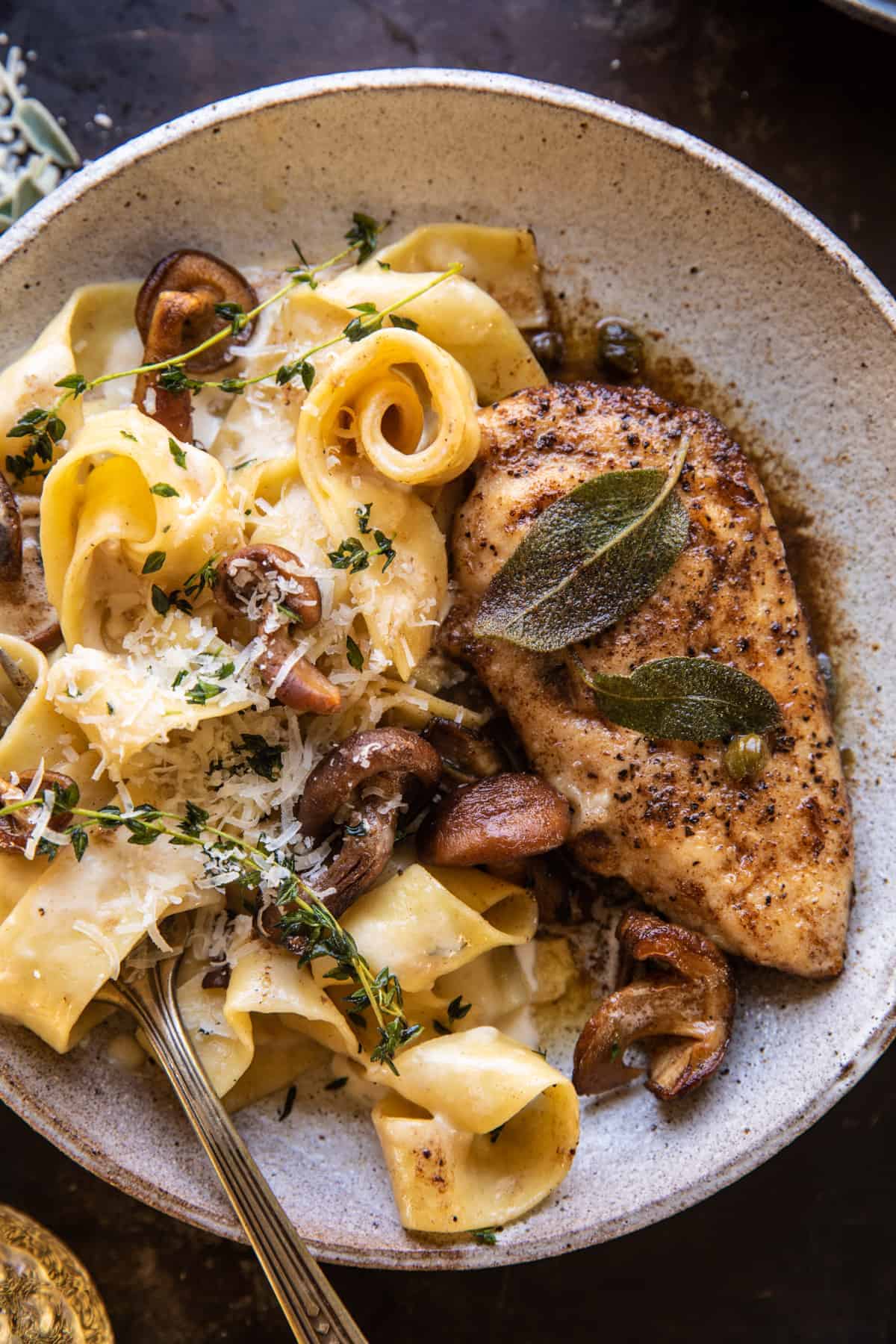 Browned Sage Butter Chicken Piccata with Mushroom Pasta | halfbakedharvest.com