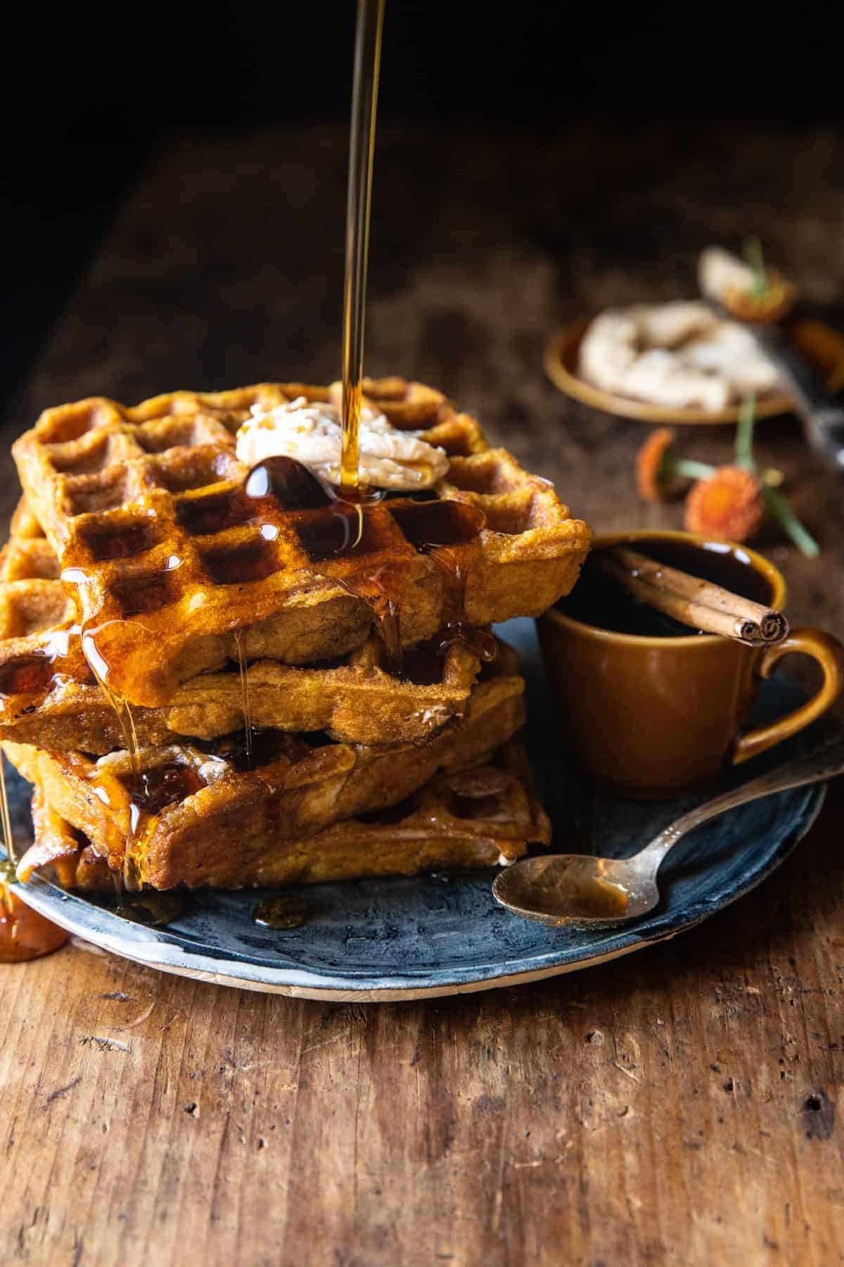 Cider Pumpkin Waffles with Salted Maple Butter | halfbakedharvest.com