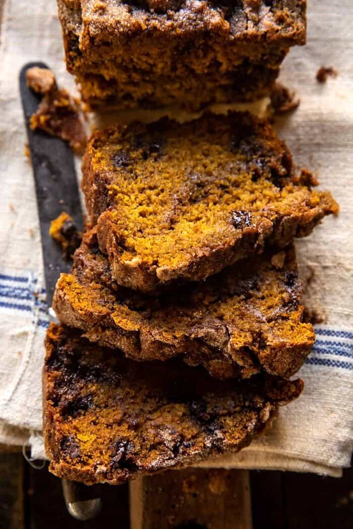 overhead close up photo of Cinnamon Swirl Chocolate Chip Pumpkin Butter Bread