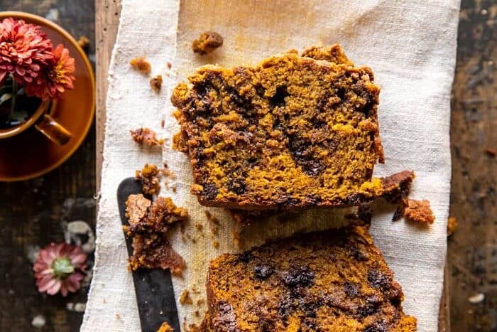 overhead horizontal photo of Cinnamon Swirl Chocolate Chip Pumpkin Butter Bread