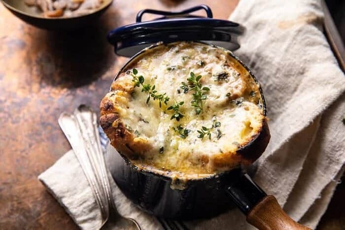 Creamy French Onion and Mushroom Soup | halfbakedharvest.com horizontal photo of Creamy French Onion and Mushroom Soup