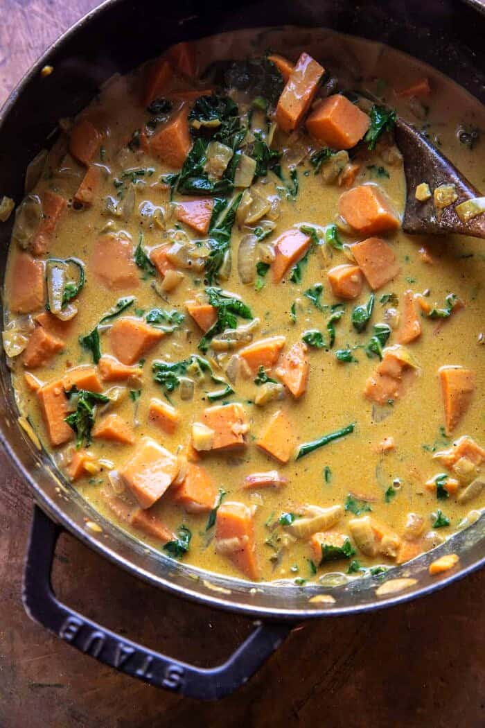 overhead photo of Gingery Coconut Sweet Potato and Rice Stew in pot 