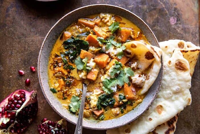 overhead horizontal photo of Gingery Coconut Sweet Potato and Rice Stew with Chili Oil 