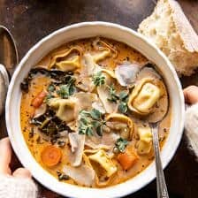 Healthier Slow Cooker Creamy Tortellini Vegetable Soup | halfbakedharvest.com